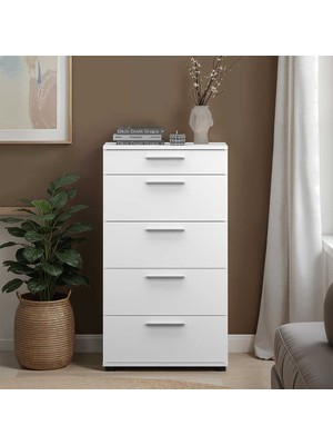 Adore Mobilya Adore Trendline Beyaz 5 Çekmeceli Şifonyer Yüksek Kalite Melamin Malzeme 60 x 108 x 44 cm