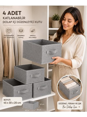 Mor Bebe Ultra 4 Adet Katlanabilir Dolap Içi Düzenleyici Kutu 45X30X20 cm | Kıyafet ve Giysi Organizer Saklama Kutusu Çok Amaçlı Sepet Renk: Antrasit Kumaş