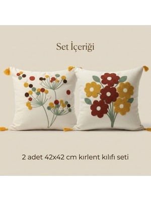 Destiva Home Demet ve Çiçek Desenli Punch Nakışlı Gizli Fermuarlı Püsküllü Dekoratif Kırlent Kılıfı Seti 42X42 cm