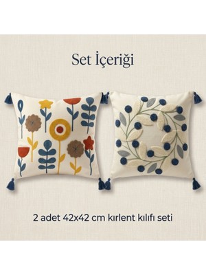 Destiva Home Mavi Çelenk ve Çiçekli Gizli Fermuarlı Püsküllü Dekoratif Kırlent Kılıfı Seti 42X42 cm