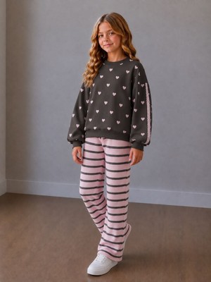 KR Kids Kız Çocuk Kalp Desenli Sweatshirt ve Çizgili Pantolon 2’li Takım Antrasit Pembe