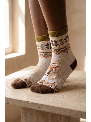 Bony Socks Unisex Atkılı Teddy Desenli Yün Soket Çorap Ekru