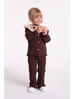 KR Kids Kız Çocuk Nakışlı Yakalı Gömlek Pantolon 2’li Takım Kahverengi
