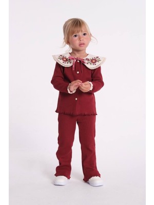 KR Kids Kız Çocuk Çiçek Nakışlı Geniş Yakalı Gömlek Pantolon 2’li Takım Bordo