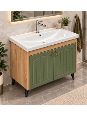 Turkuaz Lavabolu 100 cm Haki Yeşil Membran Kapaklı Banyo Dolabı