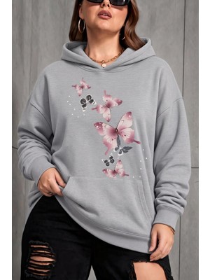 Oksit Sw Kelebek Baskılı Kadın Büyük Beden Battal Kapüşonlu Iki Iplik Pamuklu Sweatshirt Rahat Kesim