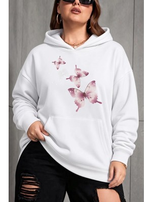Oksit Sw Kelebek Baskılı Kadın Büyük Beden Battal Kapüşonlu Iki Iplik Pamuklu Sweatshirt Rahat Kesim