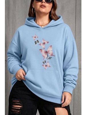 Oksit Sw Kelebek Baskılı Kadın Büyük Beden Battal Kapüşonlu Iki Iplik Pamuklu Sweatshirt Rahat Kesim