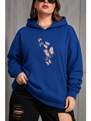Oksit Sw Kelebek Baskılı Kadın Büyük Beden Battal Kapüşonlu Iki Iplik Pamuklu Sweatshirt Rahat Kesim