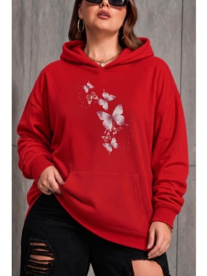 Oksit Sw Kelebek Baskılı Kadın Büyük Beden Battal Kapüşonlu Iki Iplik Pamuklu Sweatshirt Rahat Kesim