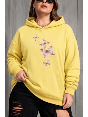 Oksit Sw Kelebek Baskılı Kadın Büyük Beden Battal Kapüşonlu Iki Iplik Pamuklu Sweatshirt Rahat Kesim