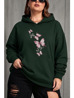 Oksit Sw Kelebek Baskılı Kadın Büyük Beden Battal Kapüşonlu Iki Iplik Pamuklu Sweatshirt Rahat Kesim