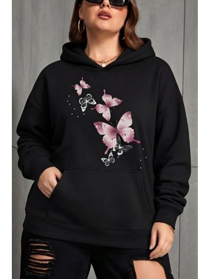 Oksit Sw Kelebek Baskılı Kadın Büyük Beden Battal Kapüşonlu Iki Iplik Pamuklu Sweatshirt Rahat Kesim