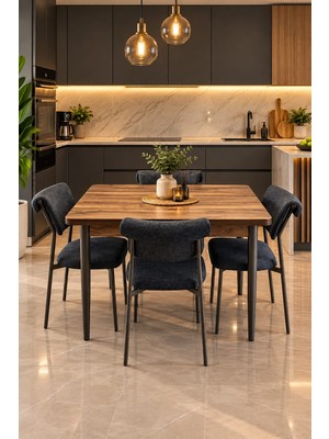 Tool Aksesuar T-8057 Kemençe Masa Mdf 70X120 Ibiza Antrasit Sandalye 4 Kişilik Mutfak Masa Takımı Yemek Masa Takımı