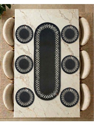 Nakkaş Home Collection Nakkaş Home Beyaz Jüt Runner ve 6\'lı Supla Seti Trikotlu | 35X100 cm Runner + 33X33 cm Jüt Amerikan Servis | Doğal Masa Dekorasyonu