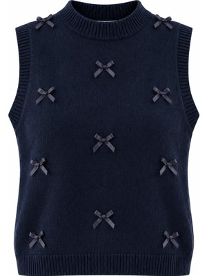 Laluvia Lacivert Mini Kurdeleli Kolsuz Süveter - 2Y4466