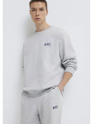 Mavi Baskılı Sweatshırt Gri Melanj