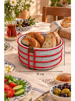 Edora Home Kırmızı Yuvarlak Ekmek Sepeti, Ekmeklik Sunum Sepeti, Buz Gri Makrome Çok Amaçlı Paslanmaz Metal