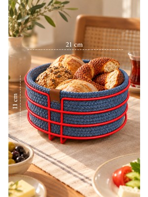 Edora Home Kırmızı Yuvarlak Ekmek Sepeti, Ekmeklik Sunum Sepeti, Indigo Makrome Çok Amaçlı Paslanmaz Metal
