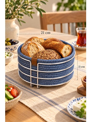 Edora Home Parlak Silver Yuvarlak Ekmek Sepeti, Ekmeklik Sunum Sepeti, Indigo Makrome Çok Amaçlı Paslanmaz Metal