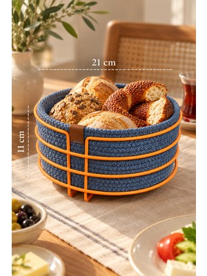 Edora Home Turuncu Yuvarlak Ekmek Sepeti, Ekmeklik Sunum Sepeti, Turkuaz Makrome Çok Amaçlı Paslanmaz Metal