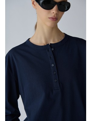 Suud Collection Lacivert Henley Pamuklu Tişört