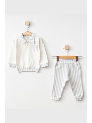 Aziz Bebe Erkek Bebek Ayı Nakışlı Gömlek Yaka Sweatshirt Pantolon 2 'li Alt Üst Bebek Takımı 3 Ay - 36 Ay