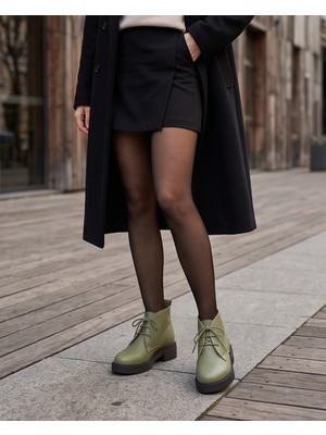 Futsi Shoes Aspen Su Yeşili Hakiki Floter Deri Bağcıklı Kısa Günlük Kadın Bot