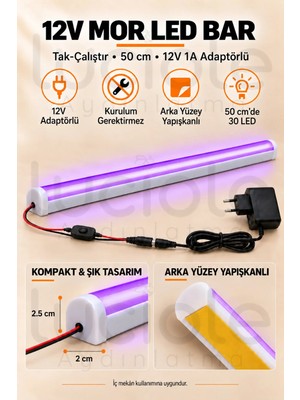 Luciole 50 cm Colorbar Mor LED Bar 12V 12W Adaptörlü Anahtarlı Yapışkanlı Tezgah Altı Dolap Içi Aydınlatma