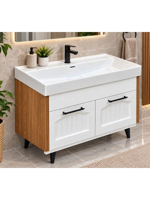 Turkuaz Lavabolu Banyo Dolabı – Ahşap Beyaz – Ayaklı Modern Banyo Dolabı