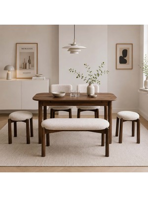 Uvi Collection Vina Luxe Açılır Mutfak Masa Takımı, Mdf Ceviz (1 Masa + 2 Sandalye + 2 Tabure + 1 Bench)