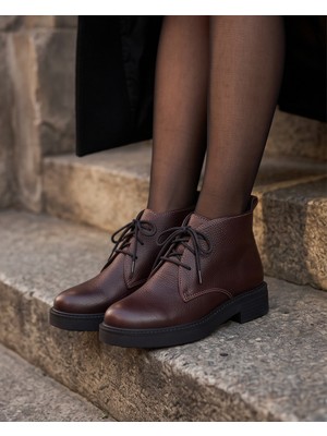 Futsi Shoes Aspen Bordo Hakiki Floter Deri Bağcıklı Kısa Günlük Kadın Bot