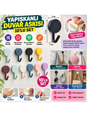 NW NessiWorld 10 Lu Plastik Kendinden Yapışkanlı Renkli Askı Seti