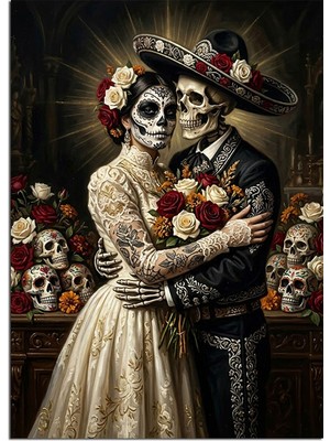 Karizma Tablo Iskelet Gelin Damat Dia De Los Muertos Dekoratif Kanvas - Mdf Ahşap Tablo