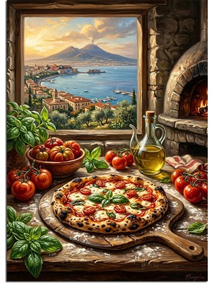 Karizma Tablo Manzaralı Pencerede Pizza ve Domatesler Dekoratif Kanvas - Mdf Ahşap Tablo