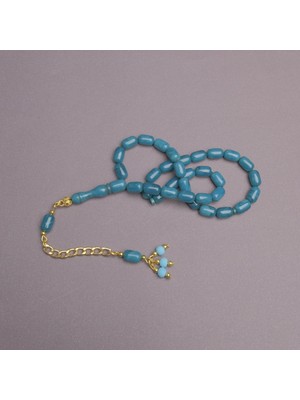 Lapisdo Sıkma Kehribar Kapsül Kesim Altın Renk Püsküllü 7X11MM Tesbih Turkuaz Yeşili