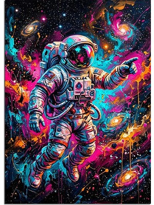 Karizma Tablo Neon Galakside Astronot Uzay Manzarası Dekoratif Kanvas - Mdf Ahşap Tablo
