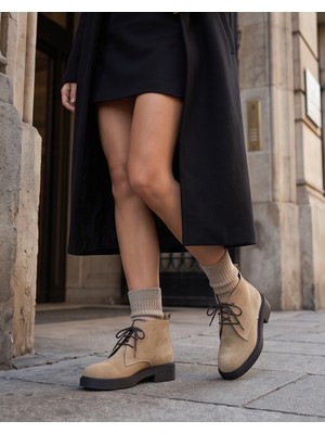 Futsi Shoes Aspen Camel Hakiki Süet Deri Bağcıklı Kısa Günlük Kadın Bot