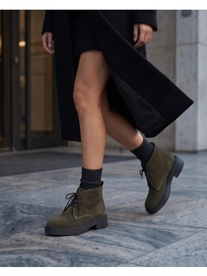 Futsi Shoes Aspen Haki Hakiki Süet Deri Bağcıklı Kısa Günlük Kadın Bot