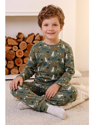 FullaModa Kedi Desenli Bisiklet Yaka Unisex Çocuk Pijama Takımı
