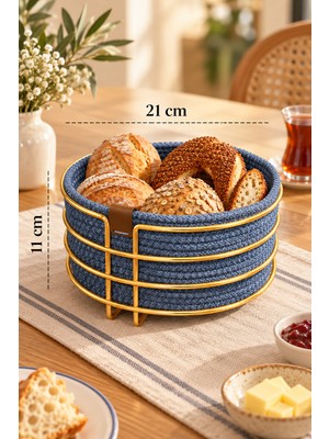 Edora Home Parlak Altın Yuvarlak Ekmek Sepeti, Ekmeklik Sunum Sepeti, Turkuaz Makrome Çok Amaçlı Paslanmaz Metal
