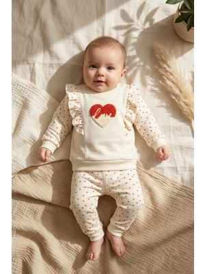 Babycan Kız Bebek Fırfırlı Kalp Nakışlı 2'li Takım - %100 Pamuklu Bej Sweatshirt ve Desenli Tayt Kombini
