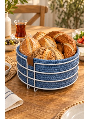 Edora Home Mat Gümüş Yuvarlak Ekmek Sepeti, Ekmeklik Sunum Sepeti, Turkuaz Makrome Çok Amaçlı Paslanmaz Metal
