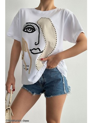 Milares Kadın Desenli Oversize T-Shirt - Beyaz
