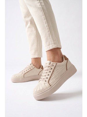 Walkway Bej Bağcıklı Kalın Rahat Tabanlı Erkek Casual Yürüyüş Ayakkabı Sneaker 26201