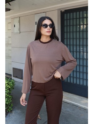 Kechi Woman Çizgili Kumaş Basic Bluz Taba