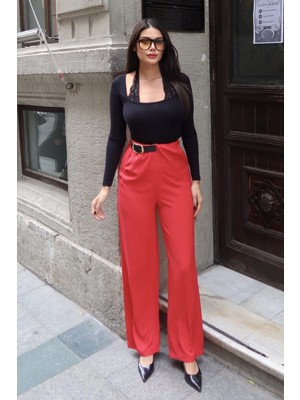 Kechi Woman Linda Twill Kumaş Kemer Detay Pantolon Kırmızı
