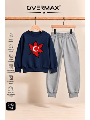 Overmax Türk Bayrağı Baskılı Çocuk Bisiklet Yaka Sweatshirt Eşofman Takımı- 3-12 Yaş