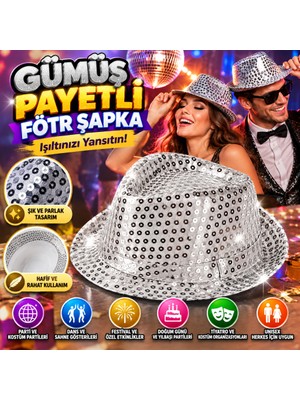 Freedom Storee Disko Star Gümüş Payetli Fötr Şapka Yetişkin Boy