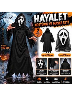 Freedom Storee Siyah Hayalet Kapüşonlu Kostüm ve Çığlık Maskesi Seti 140 cm